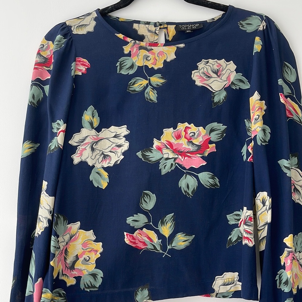 TOPSHOP NAVY FLORAL RAYON LONG SLEEVE TOP